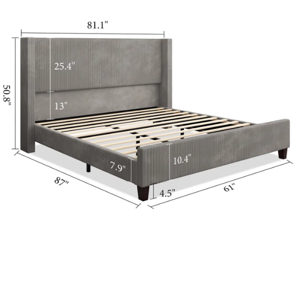 Modern King Size Corduroy Upholstered Bed with Wingback Design – Solid Wood and Metal Frame with Tapered Legs and Extra Cushioned Comfort