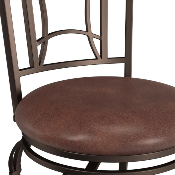 Metal Swivel Stool – Dark Chestnut Finish with Distressed Wood Rail, Geometric Back Design, Antique Brown Faux Leather Seat, 360° Swivel, Counter & Bar Height Options