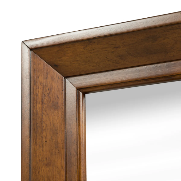 Rustic American Elegance: Sleigh Bed, Dresser & Mirror, Chest – Crafted with Rubberwood Solids & Oak Veneers, Featuring Antique Brass Hardware, Dovetail Construction, and Ample Storage for a Timeless, Durable Bedroom Collection