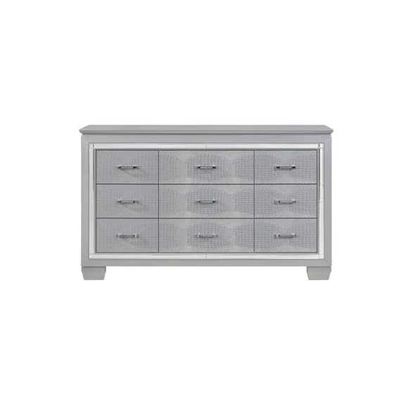 3-Piece Silver Modern LED Panel Bedroom Set with Faux Leather Upholstered Tufted Headboard, Alligator Embossing, and Crystal-Enhanced Accents