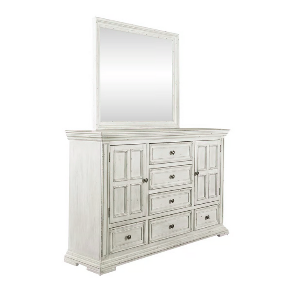 4-Piece Panel Bed, Dresser, Mirror & Nightstand Set with Antique Pewter Accents and Charging Station – Distressed Whitestone Finish, Rubberwood Solids, and Architectural Det