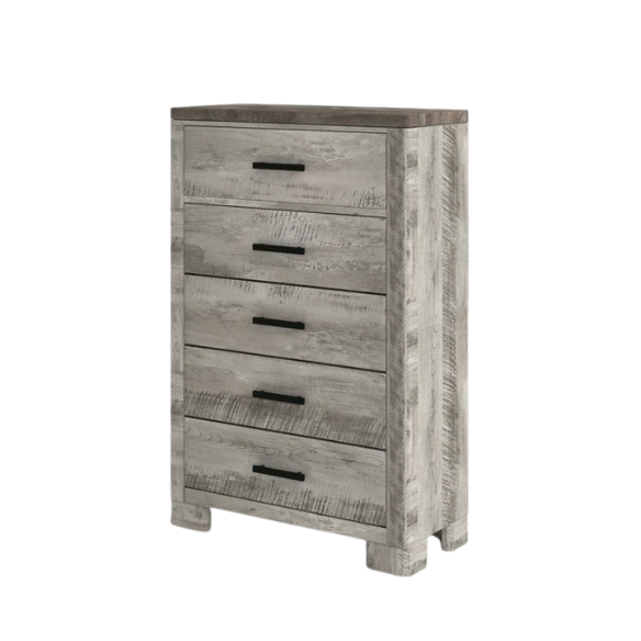 Coastal Farmhouse-Inspired King Size Bedroom Set: Distressed Whitewash Finish with Natural Brown Accents – Includes Platform Bed, 2-Drawer Nightstand, 7-Drawer Dresser with Mirror, and Optional 5-Drawer Chest for Complete Storage Solution