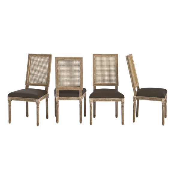 French Country Wood and Cane Upholstered Dining Chairs – Weathered Rubberwood Frame with Fluted Legs & Rectangular Cane Backrest