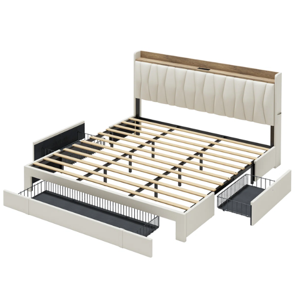 Modern Upholstered King Size Bed Frame with 3 Storage Drawers, Soft Foam Headboard, and Built-in Charging Station