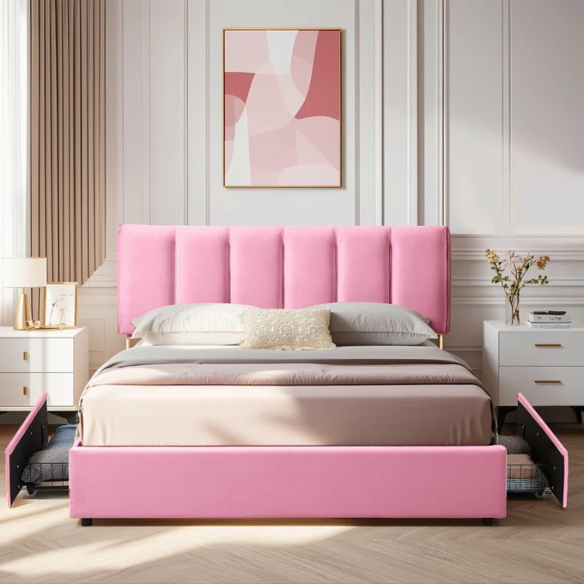 Velvet Upholstered Queen Size Platform Bed with Adjustable Headboard and 4 Storage Drawers