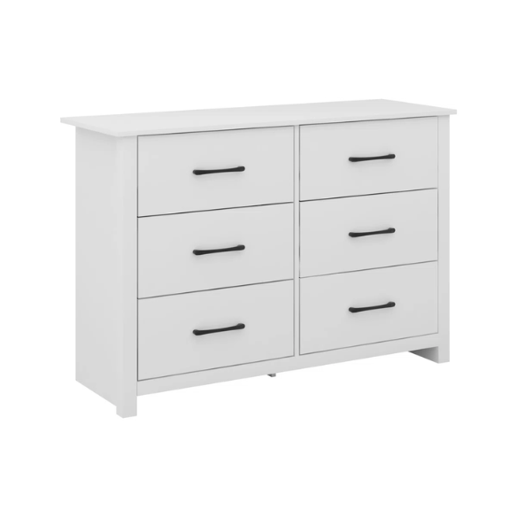 Modern 6-Drawer Double Dresser with Flared Feet and Sleek Black Metal Handles