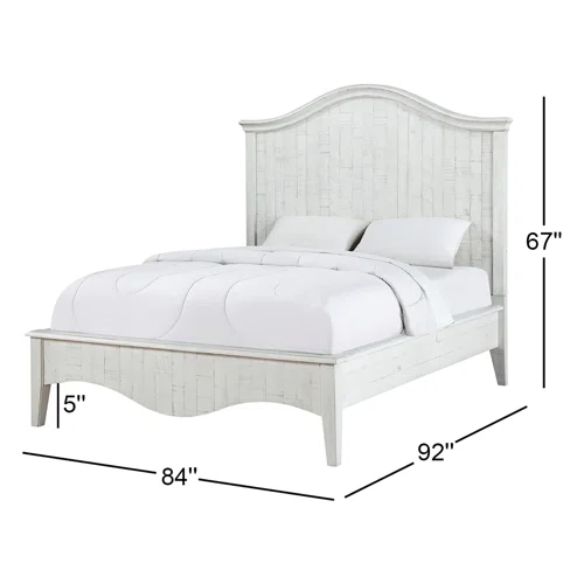 Rustic Charm Meets Chic Elegance: Solid Wood Platform King Size Bedroom Set with Scalloped Edges, Weathered White Wash Finish, Unique Grain Patterns, Angled Feet, and Oil-Rubbed Bronze Drawer Pulls