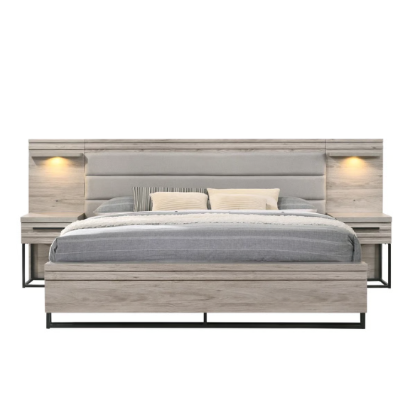 Upholstered 5-Piece Bedroom Set with Weathered Gray Finish, LED Piers, and Functional Storage