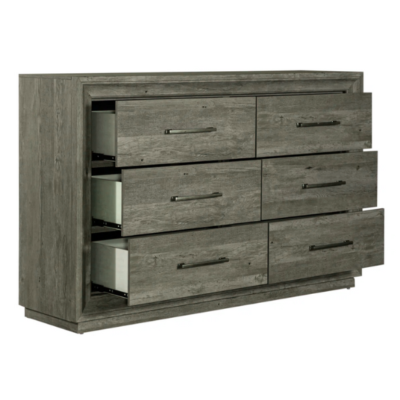 Contemporary Queen Bedroom Set with Brushed Nickel Storage Bed, LED-Illuminated Headboard, Dresser, Mirror, and Nightstand with Charging Station