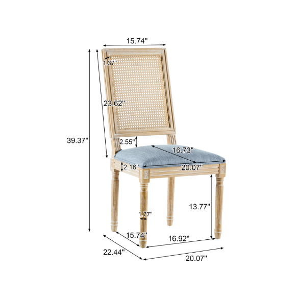 French Country Wood and Cane Upholstered Dining Chairs – Weathered Rubberwood Frame with Fluted Legs & Rectangular Cane Backrest