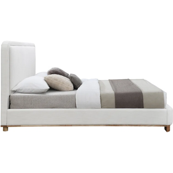 Luxurious Linen Textured Fabric King Size Upholstered Panel Bed with Solid Wood Base