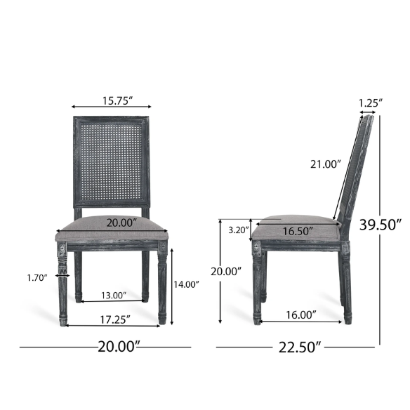 French Country Wood and Cane Upholstered Dining Chairs – Weathered Rubberwood Frame with Fluted Legs & Rectangular Cane Backrest