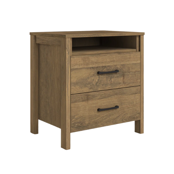 22.7" 2-Drawer Nightstand – Space-Saving Modern Minimalism, Engineered Wood with Clean-Lined Silhouette, Neutral Finish, Open Cubby & 2 Spacious Drawers for Bedroom Storage, Ideal for Tech & Accessories
