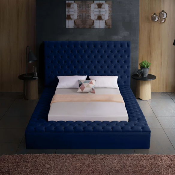 Elegant Velvet Upholstered King Size Platform Storage Bed with Tufted Headboard and Slats