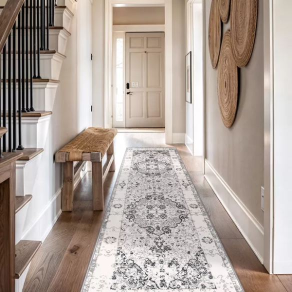 Distressed Oriental-Inspired Indoor Rug – Gray, Silver & Ivory Medallion Pattern, Stain-Resistant, Fade-Resistant, Perfect for Traditional & French Country Décor