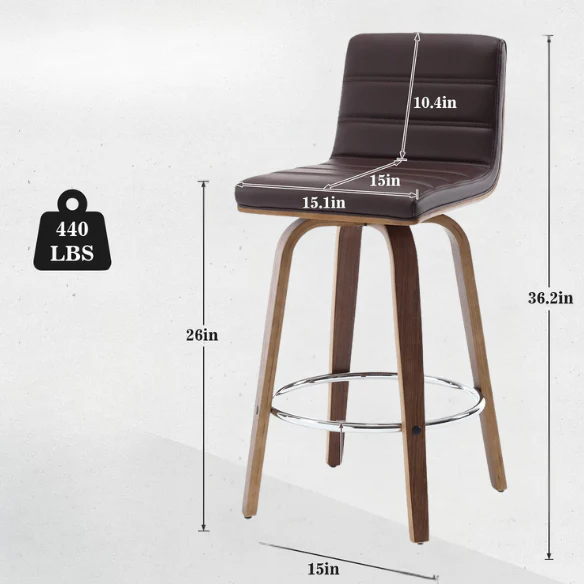 Mid-Century Modern Faux Leather Swivel Counter/Bar Stools – 360° Swivel, Padded PU Leather Seat & Back, Durable Bentwood Legs, Metal Footrest, Supports Up to 440lbs for Home Bar or Kitchen
