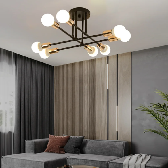 8-Light Black Sputnik Chandelier with Gold Accents for Modern Industrial Living Room and Dining Room