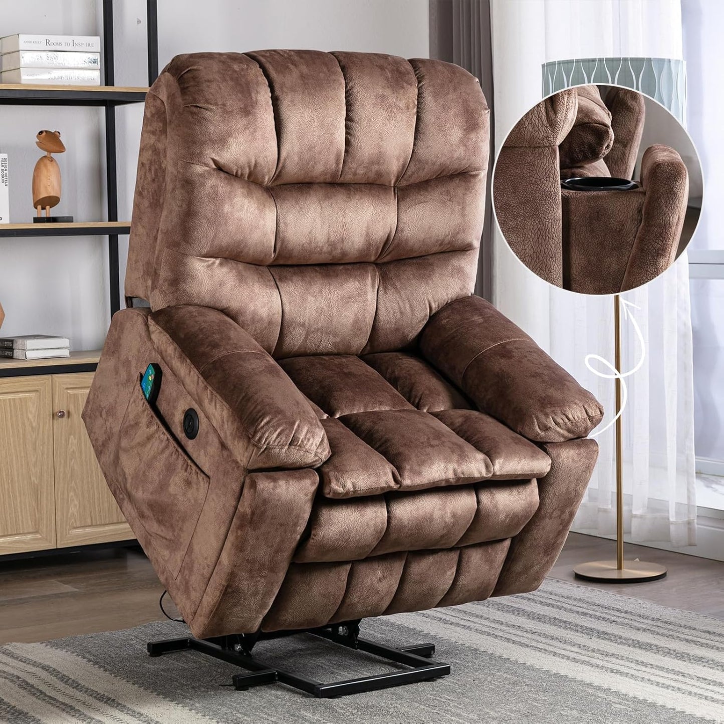 Caramel brown large power lift recliner with 8-point massage, lumbar heating, USB ports, cup holders, and adjustable backrest. Supports up to 340 lbs, ideal for seniors and those with limited mobility. Ergonomic design for maximum comfort and easy assembly.