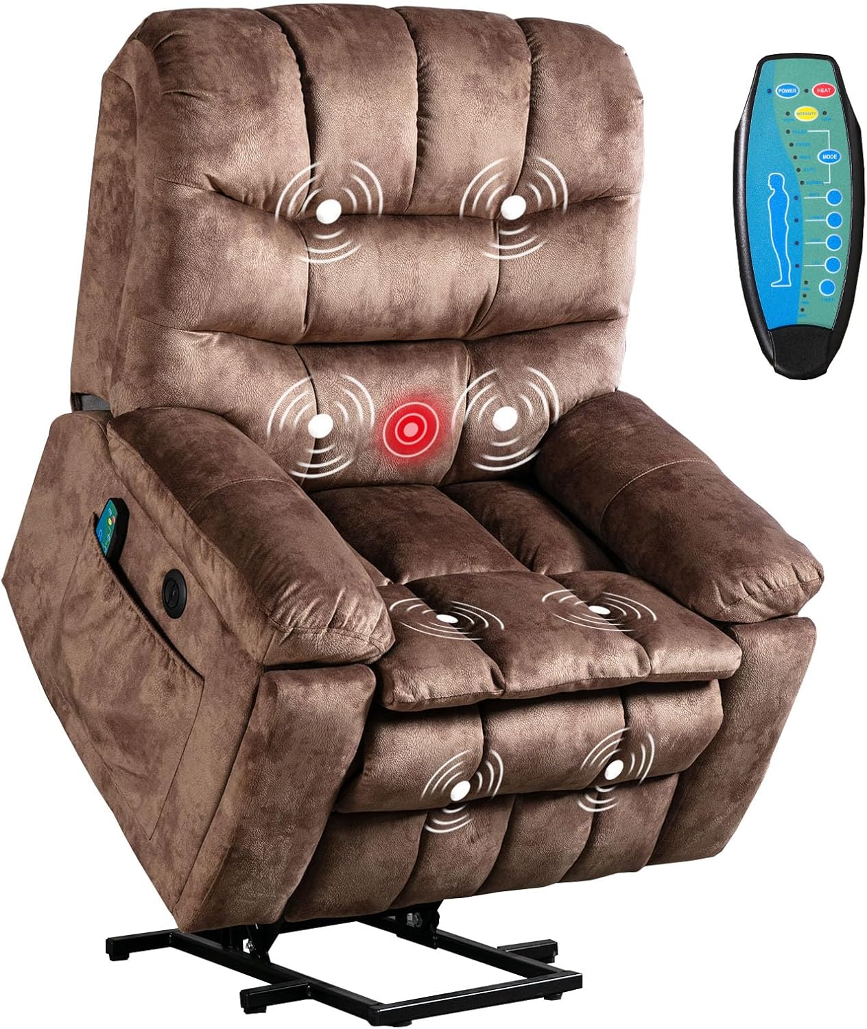 Caramel brown large power lift recliner with 8-point massage, lumbar heating, USB ports, cup holders, and adjustable backrest. Supports up to 340 lbs, ideal for seniors and those with limited mobility. Ergonomic design for maximum comfort and easy assembly.