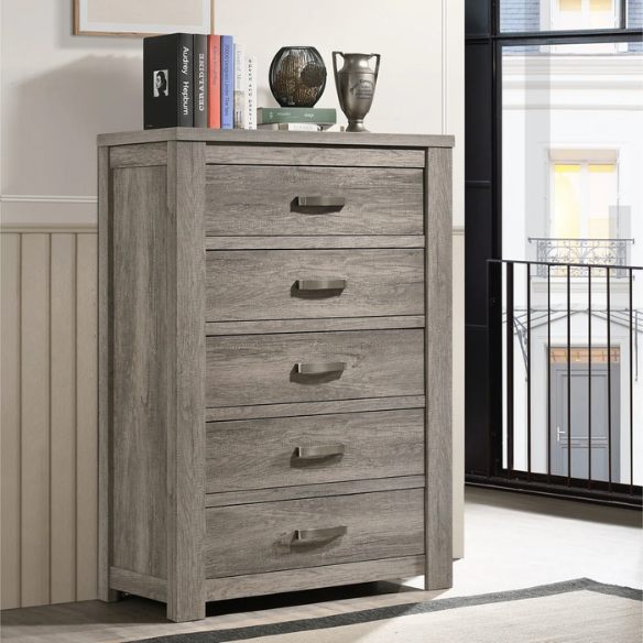 Contemporary Style Weathered Gray Wood 4-Piece Bedroom Set with Panel Bed, Dresser, Mirror, and Nightstand
