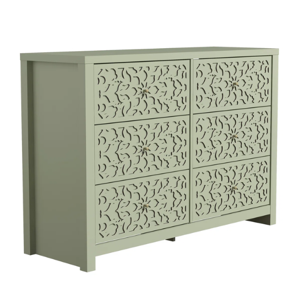 Boho-Inspired 45.4" 6-Drawer Dresser with Distressed Finish and Openwork Floral Details