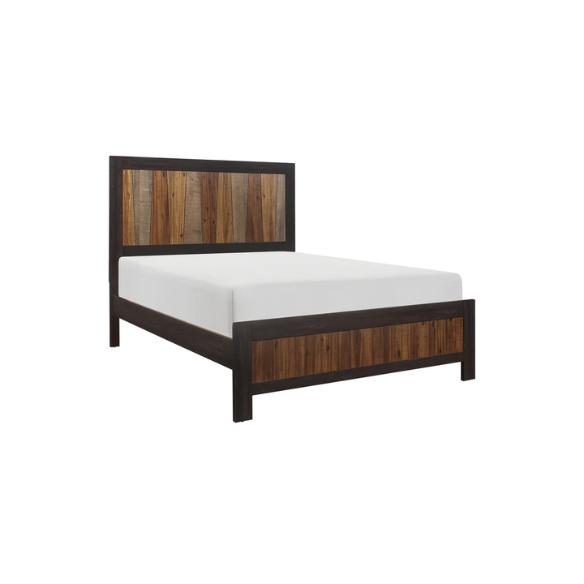 3-Piece Dark Ebony and Rustic Mahogany Modern Panel Bedroom Set – Embossed Faux-Wood Veneer, Rich Acacia Tones, and Dark Metal Hardware