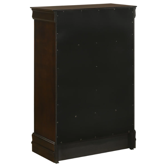 5-Piece Bedroom Set – Traditional Style with Flared Headboard, Dovetail Construction, Silver Bail Handles, and Spacious Storage – Crafted from Select Hardwoods and Veneers in a Warm Cappuccino Finish – Includes Bed, Nightstand, Dresser, Chest, and Mirror