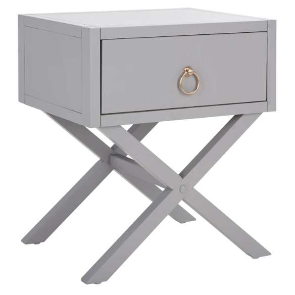 1-Drawer Nightstand – Classic Campaign Style with Contemporary Chic, Acacia Wood Frame, Cross-Base Design, Bold Finish, Gold Drawer Pull, Perfect for Modern Bedrooms