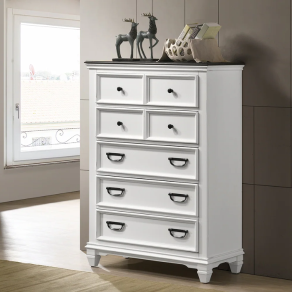 Modern Farmhouse 5-Piece Wood Bedroom Set with Shiplap Detailing, Weathered White Finish, and Black Finished Hardware