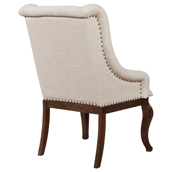 Beige Button Tufted Upholstered Arm Chairs with Dark Brown Wooden Legs (Set of 2) – Elegant Accent Dining or Lounge Seating