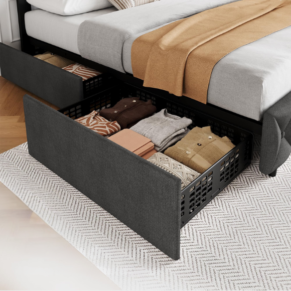 Soft Linen Fabric Upholstered Platform Bed – Double Size with Four Built-In Storage Drawers for Space-Saving & Style