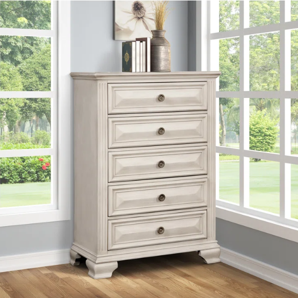 Solid Wood Panel 3-Piece Bedroom Set – Renova Distressed Parchment Wood Panel Bed with Vintage Black Finish, Muted Silver Accents, Fluted Pilasters, and French Bracket Foot Bases – Timeless Traditional Style with Raised Beveled Drawer Fronts