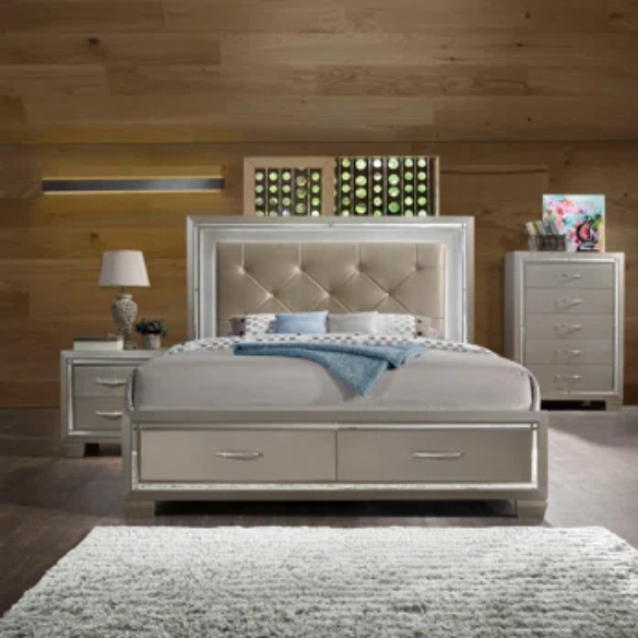 Elegant Glamour: 5-Piece Bedroom Set with Lustrous Platinum Dresser, Crystal and Chrome Handles – A Stunning, Star-Quality Collection to Elevate Your Bedroom Décor