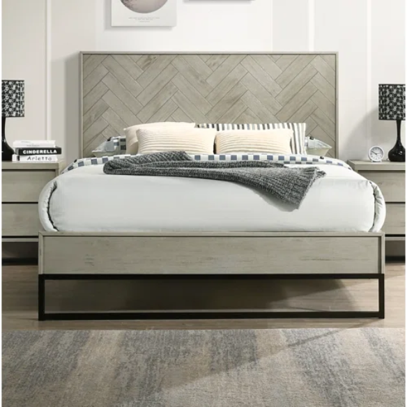 Industrial Mid-Century Modern Platform Bedroom Set with Herringbone Design Headboard – Stylish and Versatile