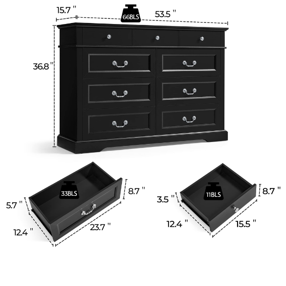 Rustic Modern 9-Drawer 53.5'' Double Dresser with Inset Paneling, Crown Molding, and Customizable Metal Handles
