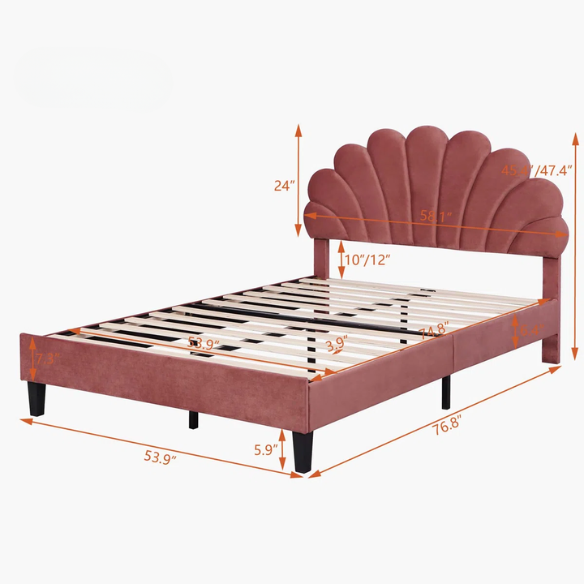 Upholstered Platform Bed with Flower Pattern Velvet Headboard – Full/Double Size, Elegant Design for Modern Bedrooms