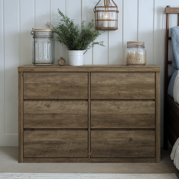 Modern 46.46'' 6-Drawer Double Dresser with Hidden Handles and Wood Grain Finish