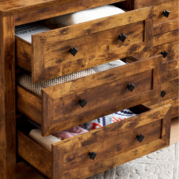 6-Drawer Dresser – A Perfect Blend of Rustic Charm and Industrial Elegance, Featuring a Clean-Lined Silhouette and Weathered Finish. Crafted from Solid and Engineered Wood