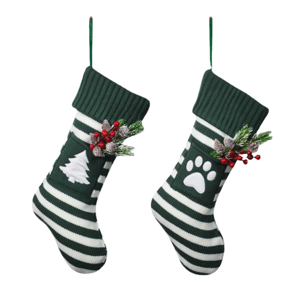 Green & White Striped Christmas Stocking with Embroidered White Paw – Holiday Decor & Gift Bag