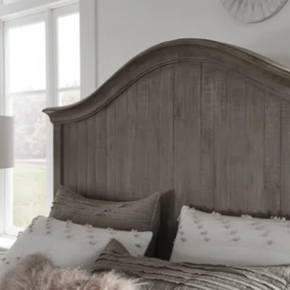 Rustic Charm Meets Chic Elegance: Solid Wood Platform King Size Bedroom Set with Scalloped Edges, Weathered White Wash Finish, Unique Grain Patterns, Angled Feet, and Oil-Rubbed Bronze Drawer Pulls