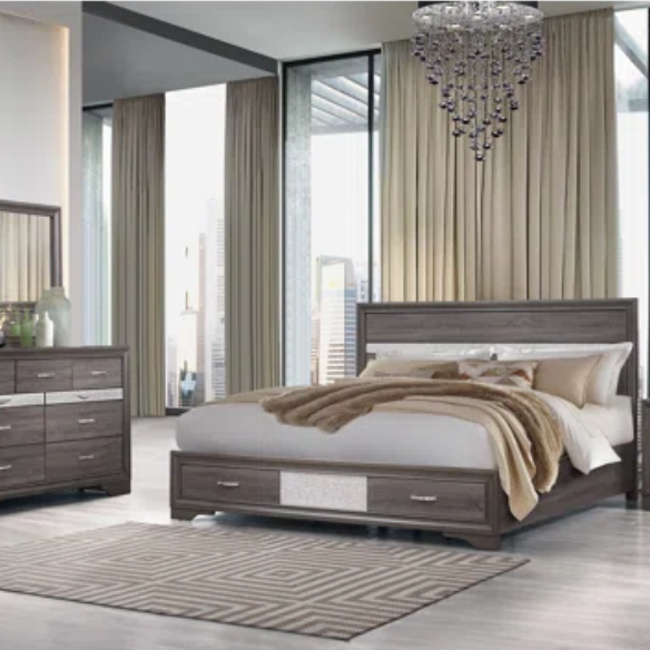 Visually Stunning Panel Configurable Bedroom Set – Clean Modern Design with Timeless Gray Finish, Melamine Detailing, Panel Headboard, and Spacious Footboard Drawers – Perfect for Creating a Serene and Stylish Bedroom Retreat
