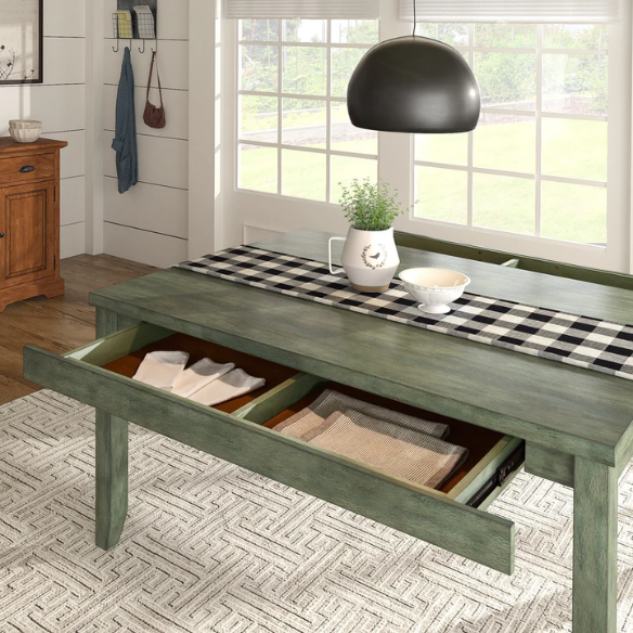 Solid Wood Rectangular Dining Table with Two Drawers – Distressed Finish, Rubberwood Construction, and Organized Storage