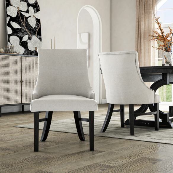 Beige Upholstered Farmhouse Dining Chairs with Black Wooden Legs (Set of 2) – Padded Comfort Seating for Kitchen or Dining Room