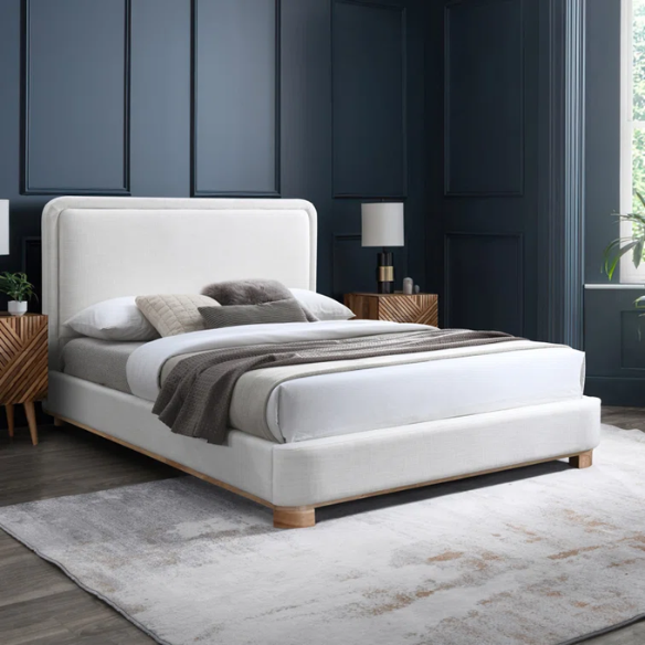 Luxurious Linen Textured Fabric King Size Upholstered Panel Bed with Solid Wood Base