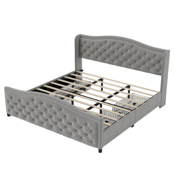 Luxurious King Size Velvet Upholstered Platform Bed with Tufted Camelback Headboard, Nailhead Trim, and 4 Built-In Storage Drawers – Stylish and Functional Bedroom Upgrade