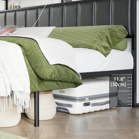 Modern LED King Size Bed Frame with Storage Drawers and Built-in Charging Station