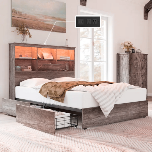 Innovative LED Bookcase Bed – Full/Double Size with Built-In Storage, Sleek Design, and LED Lighting for Modern Living