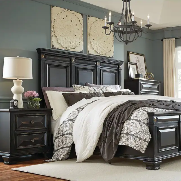 Timeless Vintage Black Wood 6-Piece Traditional Bedroom Set with Double-Panel Bed, Silvertone Accents, and Fluted Pilasters
