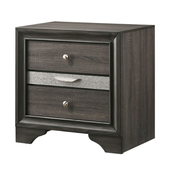 Modern Style 2-Piece Grey Storage Platform Bedroom Set with Panel Bed, Nightstand, and Sleek Silver Accents
