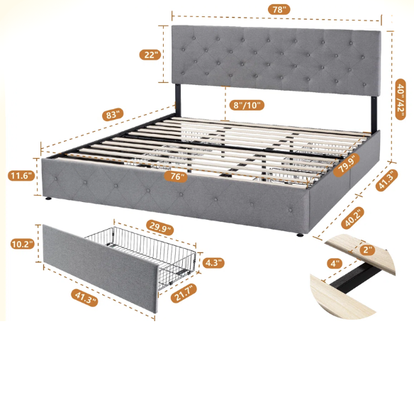 King Size Upholstered Platform Storage Bed with Spacious Drawers, Quiet Structure, and Sleek Minimalist Design